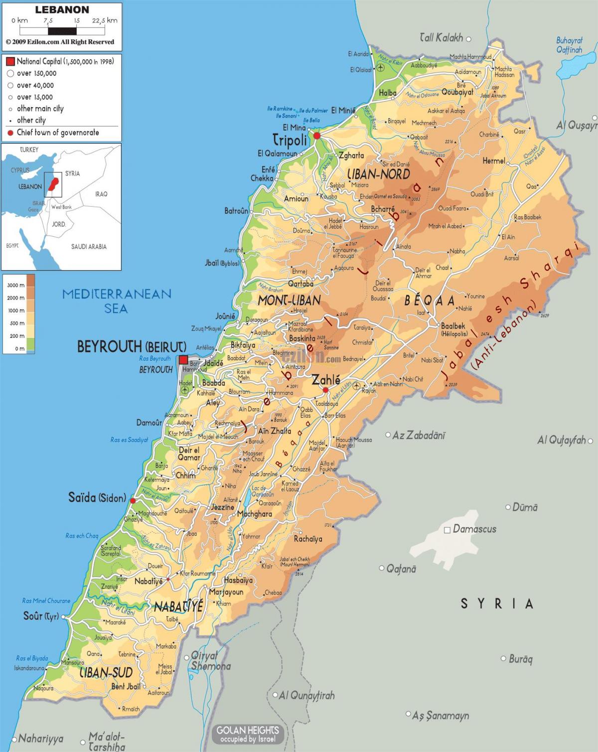 map of Lebanon physical